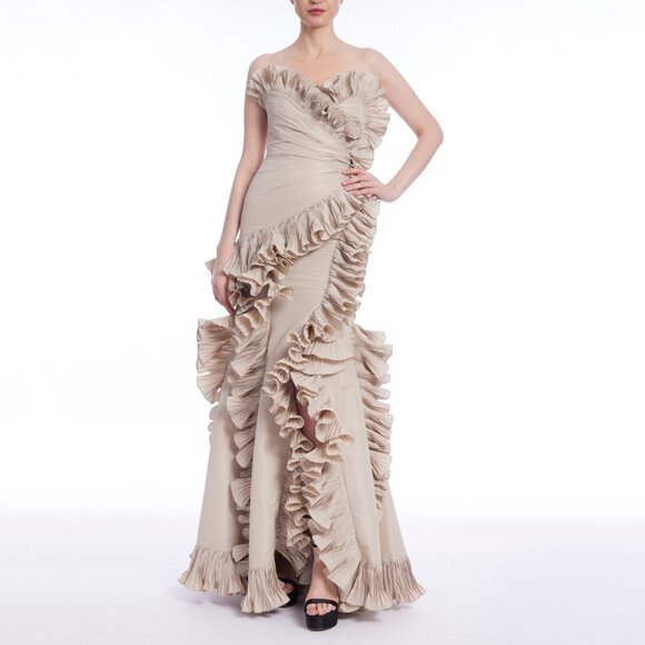 Badgley Mischka | Strapless Pleated Ruffle Taffeta Gown | NWT - Picture 1 of 11